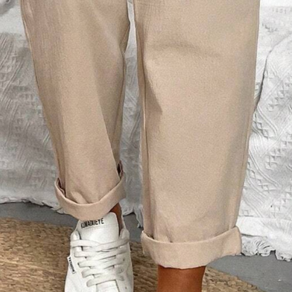 Classic Tan Linen Cropped Jogger Pants - Picture 2 of 5